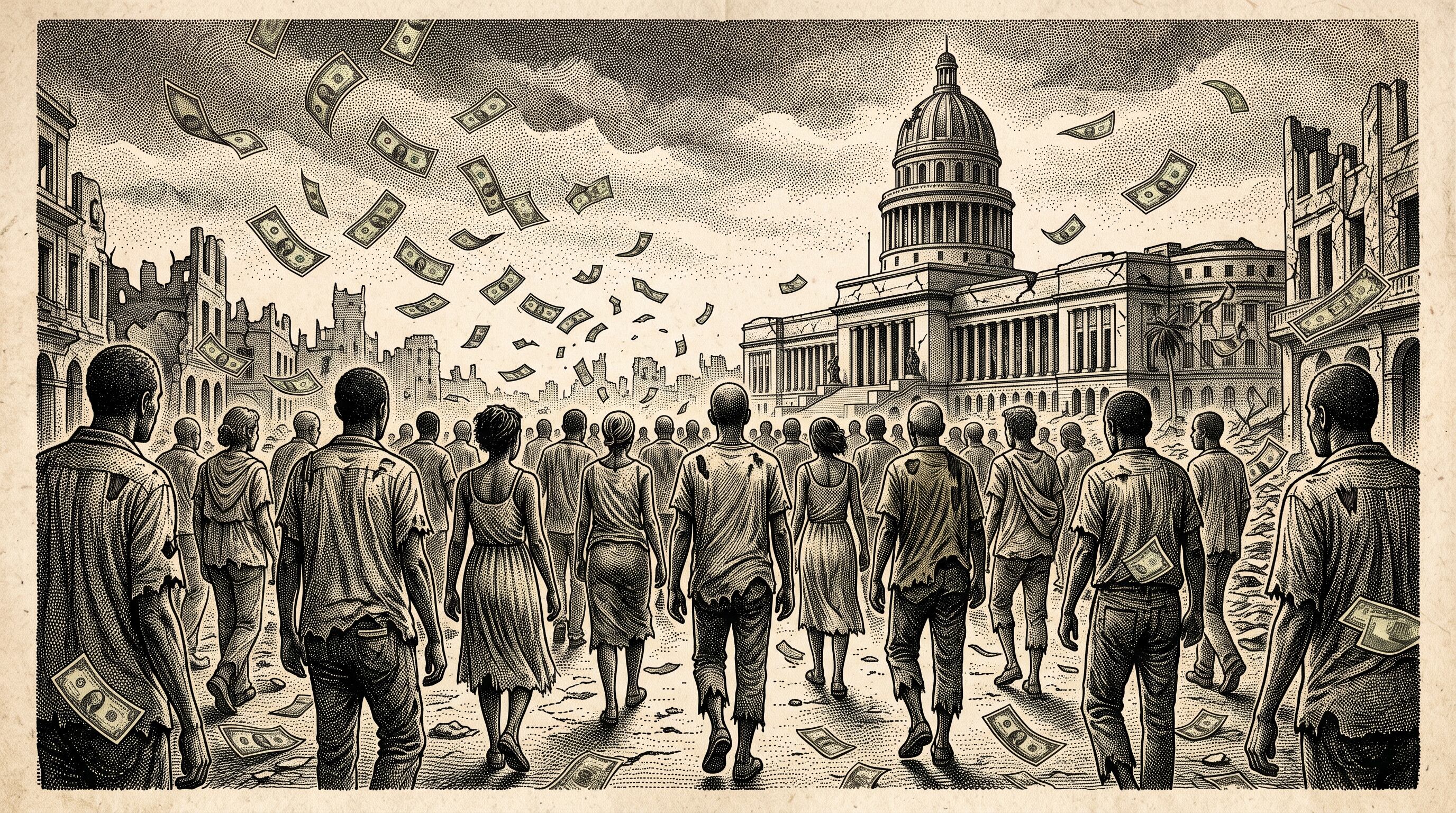 Una multitud camina hacia el Capitolio de La Habana en ruinas mientras caen billetes de dólar del cielo, en una representación de la crisis económica en Cuba. (Imagen Ilustrativa Infobae)