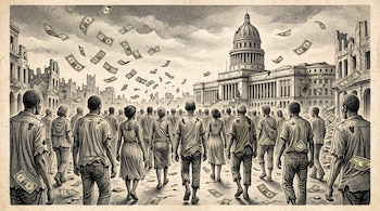 Grabado de personas con ropa desgastada caminando hacia un edificio con cúpula entre ruinas mientras caen billetes de dólar.