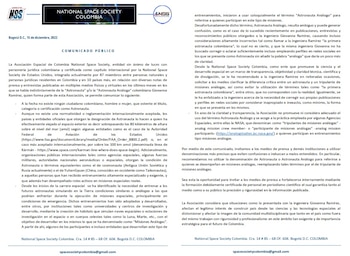 Comunicado National Space Society Colombia