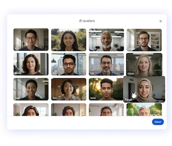 Pantalla de interfaz de usuario con título 'AI avatars' mostrando una cuadrícula de dieciséis retratos de personas diversas y avatares animados
