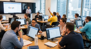 Estudiantes en un aula moderna con computadoras, instructor frente a pantalla de Google. Ventanas grandes al fondo muestran un paisaje urbano. Un estudiante levanta la mano.