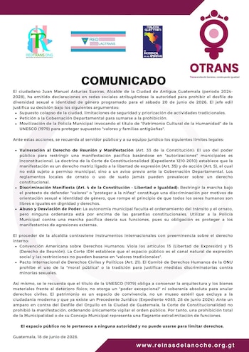 Comunicado relacionado al posicionamiento del Alcalde Juan Manuel Asturias Sueiras sobre el Desfile de la Diversidad Sexual e Identidad de Genero de Guatemala a realizarse en Antigua Guatemala.