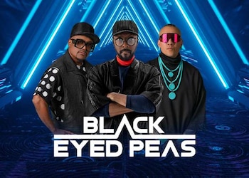 Tres hombres con gafas de sol posan frente a un fondo geométrico azul de neón con el texto Black Eyed Peas en la parte inferior