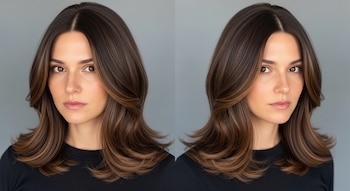 Retrato de una mujer joven con cabello castaño largo, liso con ondas suaves, y reflejos moka y chocolate. Viste una prenda oscura con fondo gris.
