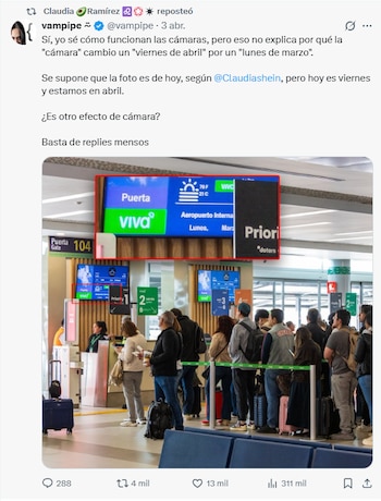 Captura de pantalla del tuit de @vampipe, mostrando texto que cuestiona inconsistencias y una imagen de una puerta de aeropuerto con personas haciendo fila y pantallas digitales