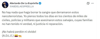 Abelardo de la Espriella se mostró molesto por el modelo de justicia transicional para los exguerrilleros de las Farc - crédito @ABDELAESPRIELLA/X
