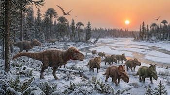 Ilustración de un paisaje invernal del Ártico. Se ve un gran dinosaurio peludo, una manada de dinosaurios con cuernos y pterosaurios volando sobre un río congelado al amanecer.