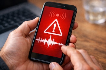 Primer plano de manos sosteniendo un celular con pantalla roja mostrando un ícono de advertencia, un símbolo de ondas y una forma de onda sísmica.