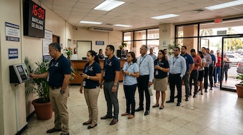 Empleados con uniformes hacen fila dentro de una oficina pública frente a un lector biométrico con un reloj digital que marca las 16:00.
