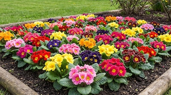 Un cantero rectangular delimitado por troncos de madera contiene flores de prímula de colores rosa, amarillo, rojo, violeta y naranja.