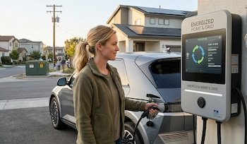 Mujer rubia conecta un cargador a un coche eléctrico plateado. Junto a ella, un poste de carga doméstica con pantalla. Fondo de casas y paneles solares