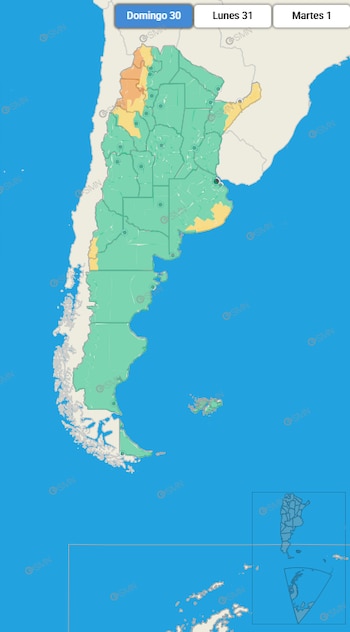 Mapa interactivo de Argentina con divisiones provinciales coloreadas en verde, amarillo y naranja, con pestañas superiores por fecha