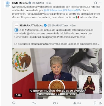 Captura de pantalla de una publicación en la red social X con texto sobre desarrollo sostenible y un video de la funcionaria Alicia Bárcena