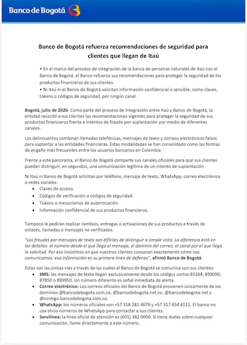 El Banco de Bogotá advirtió que durante la migración de clientes se intensifican los fraudes de suplantación en procesos de cambio operativo - crédito Banco de Bogotá