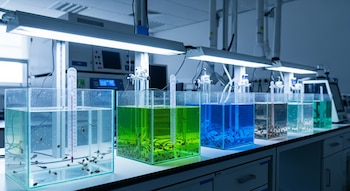 Acuarios de vidrio con renacuajos nadando en agua de diferentes colores y temperaturas, termómetros sumergidos, luces fluorescentes y equipo de laboratorio al fondo.