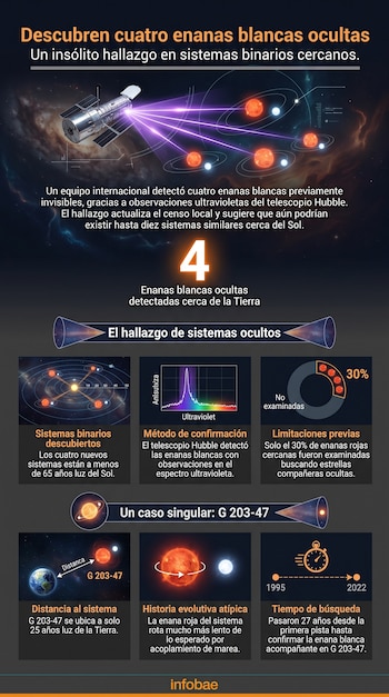 Infografía: telescopio espacial, cuatro sistemas binarios de enanas rojas y blancas, gráficos de datos ultravioleta y porcentajes, cronómetro.