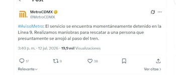 Detuvieron el servicio de la Línea 9 (X/ @MetroCDMX)