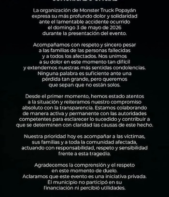 Un comunicado difundido tras el accidente reafirmó el compromiso de mantener acompañamiento y transparencia, así como prestar apoyo continuo a las familias y a quienes resultaron lesionados durante la presentación - crédito captura de pantalla / Instagram