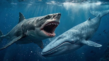 Tiburón blanco con la boca abierta mostrando dientes afilados, nadando junto a una ballena azul bajo el agua azul brillante con rayos de sol