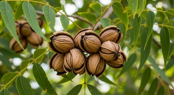 Primer plano de varias nueces pecán en sus cáscaras que se abren, colgando de una rama con hojas verdes, bajo luz natural difusa.