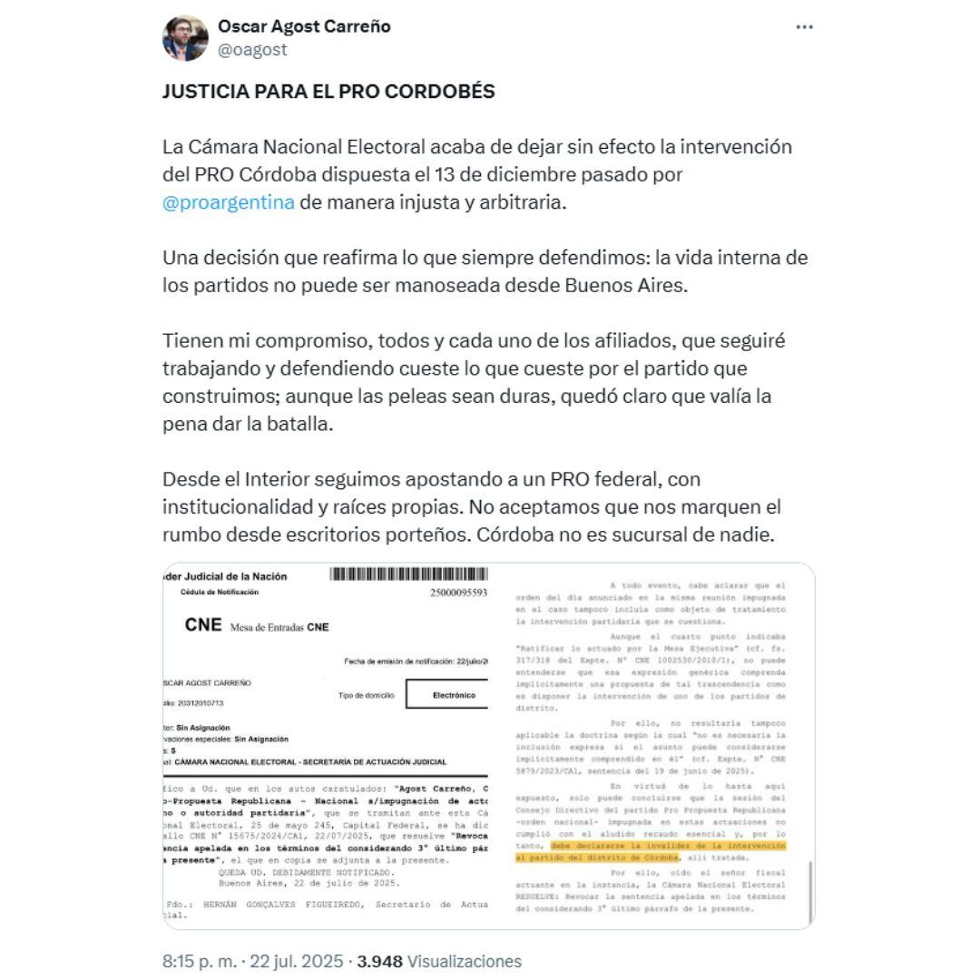 La publicación que realizó Agost Carreño, tras ser notificado por la Justicias