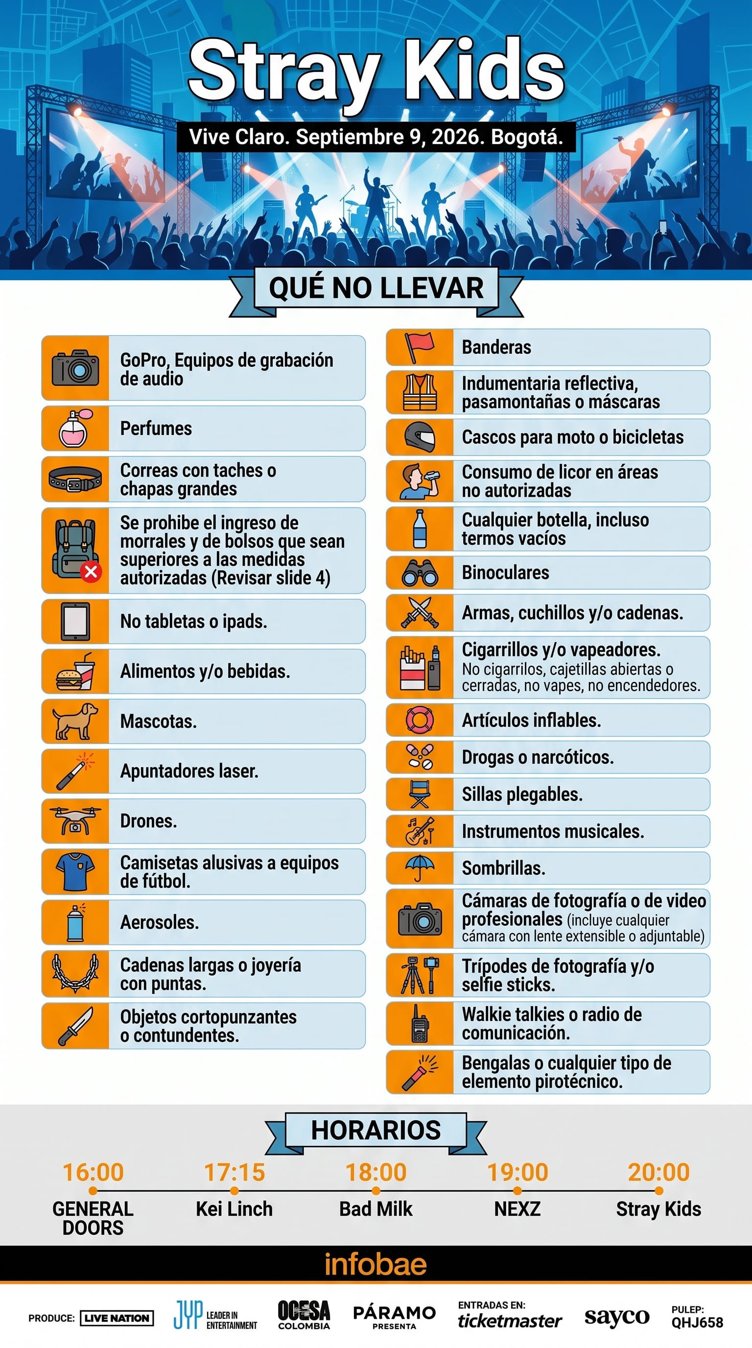Detalle de los objetos prohibidos y los horarios de entrada para el concierto del grupo Stray Kids en Bogotá el 9 de septiembre de 2026 - crédito Paramo Presenta y Vive Claro