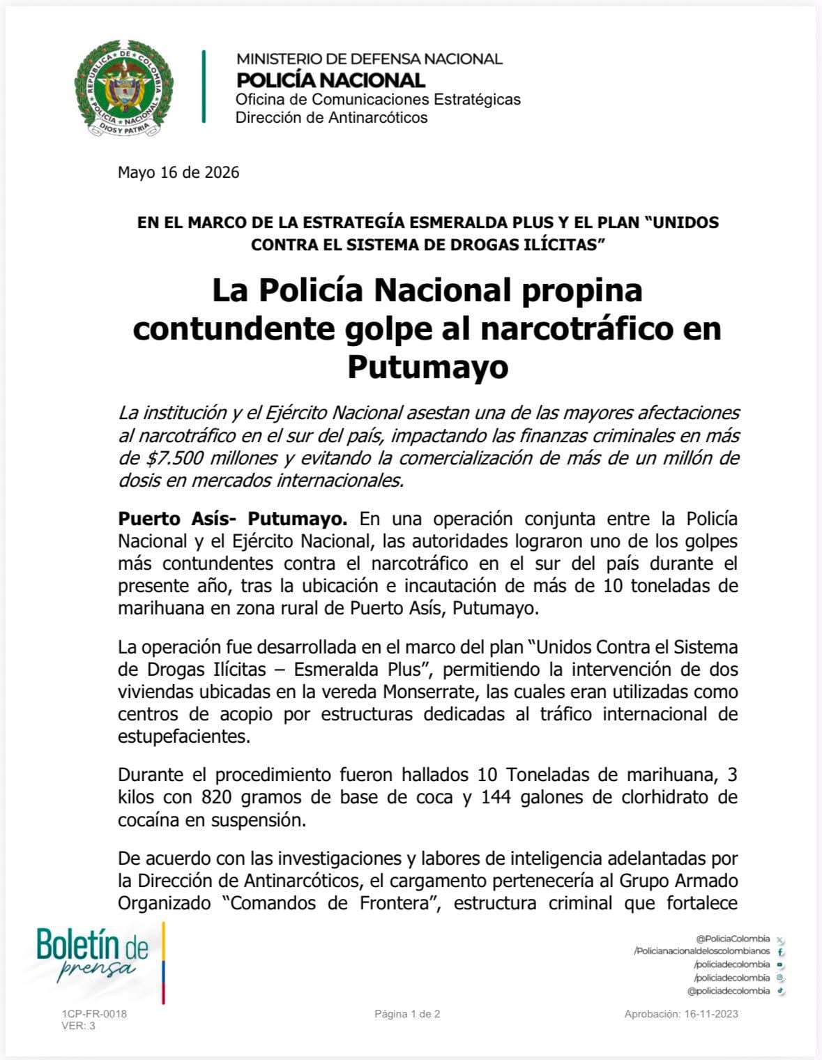 El operativo en la vereda Monserrate de Puerto Asís revela el papel clave de corredores fluviales en las rutas de droga hacia Brasil - crédito Policía Nacional