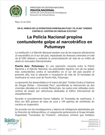 El operativo en la vereda Monserrate de Puerto Asís revela el papel clave de corredores fluviales en las rutas de droga hacia Brasil - crédito Policía Nacional