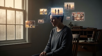 Mujer sentada en habitación con poca luz, frente a una ventana, con imágenes digitales flotantes de recuerdos felices sobre su cabeza. Expresión triste.