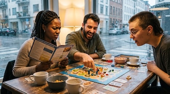 Tres personas juegan a un juego de mesa sobre una mesa de madera, con un libro de reglas abierto, tazas, cuencos y cartas. Afuera llueve.