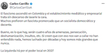Carlos Carrillo alerta sobre o aumento de tendências fascistas e aponta para o setor empresarial da Colômbia - crédito @CarlosCarrilloA/X