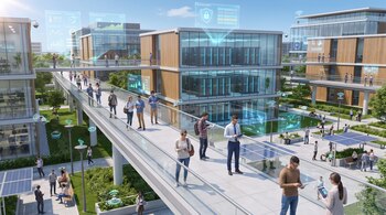 Edificios de campus moderno, pasarelas elevadas, personas, pantallas holográficas con datos, servidores, paneles solares, cámaras de seguridad, vegetación.