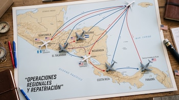 Mapa sobre una mesa de madera con modelos de aviones y líneas rojas y azules que unen Estados Unidos con América Central.
