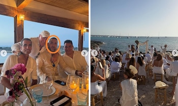 Víctor de Aldama, en un círculo naranja, en la boda del abogado en Ibiza
