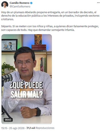 Camilo Romero rechaza decreto que entrega educación pública a privados y exige acción legal - crédito @CamiloRomero/X