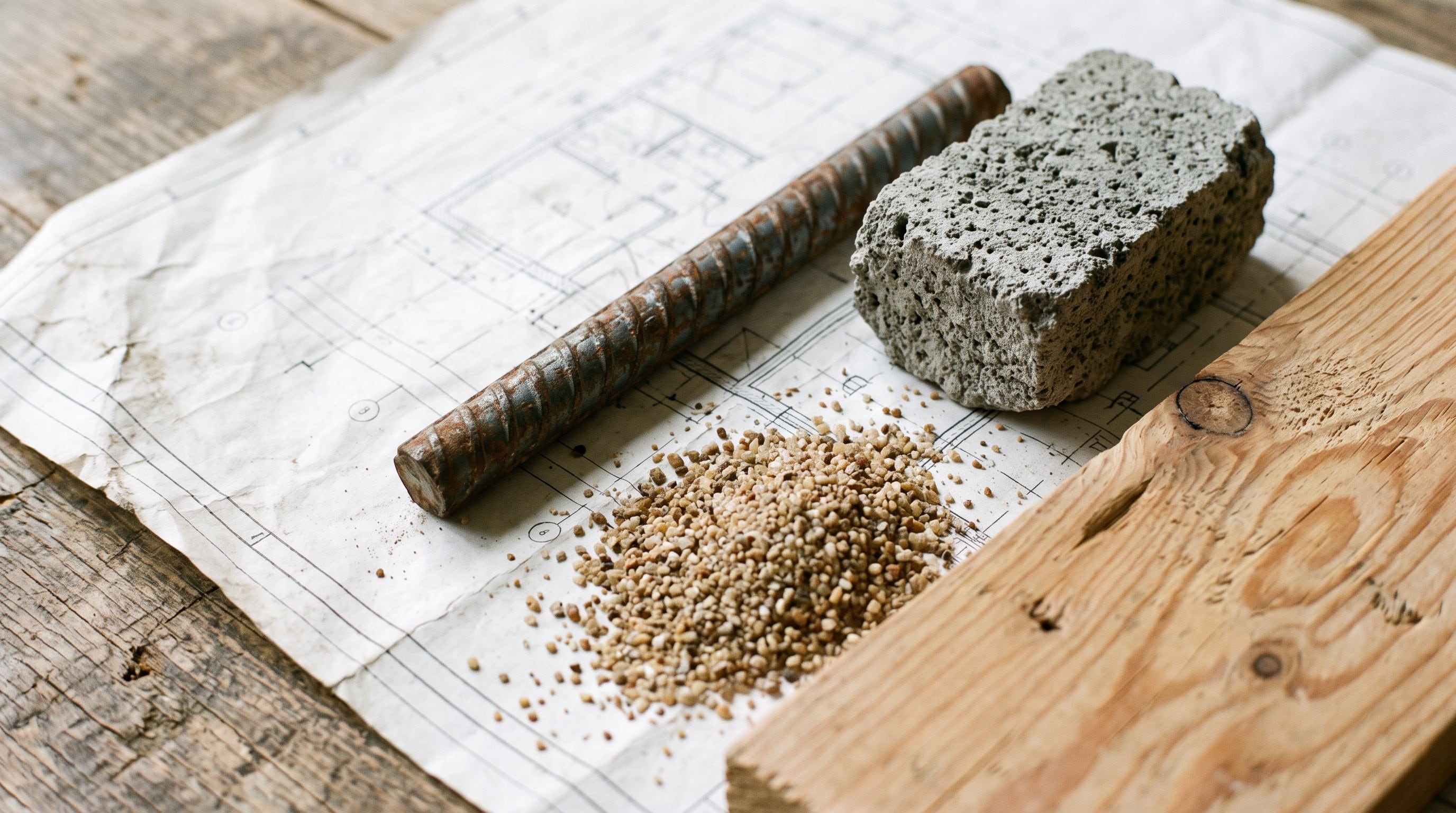 Cuatro materiales básicos de construcción reposan sobre un plano arquitectónico dispuesto en una mesa de trabajo. (Imagen Ilustrativa Infobae)