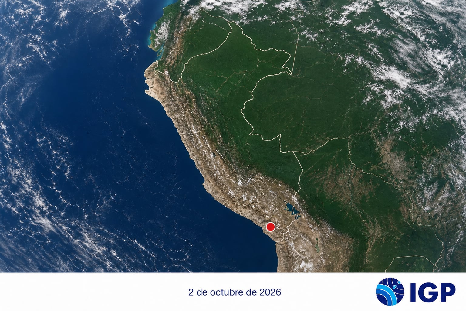 Un mapa satelital del Instituto Geofísico del Perú ubica la región de Moquegua con un marcador rojo en el sur del territorio peruano. (Imagen Ilustrativa Infobae)
