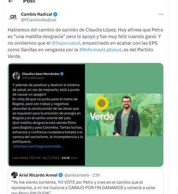 Cambio Radical arremete en contra de Claudia López por cambio de postura sobre el presidente Petro - crédito @PCambioRadical