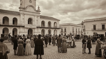 Vista sepia de una multitud con vestimenta del siglo XIX frente al Cabildo de Buenos Aires, con un cartel "CABILDO ABIERTO 1810", carruajes y cielo nublado.