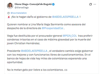 La cabildante pidió revisar una eventual vinculación de Lina María Vega Sarmiento al despacho de la directora del Departamento de Prosperidad Social - crédito @dianadiago/X