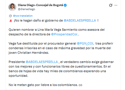 La cabildante pidió revisar una eventual vinculación de Lina María Vega Sarmiento al despacho de la directora del Departamento de Prosperidad Social - crédito @dianadiago/X