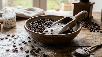 Tazón con granos de café y bicarbonato de sodio en cuchara de madera sobre mesa rústica. Frasco de "Bicarbonato de Sodio" y molinillo al fondo