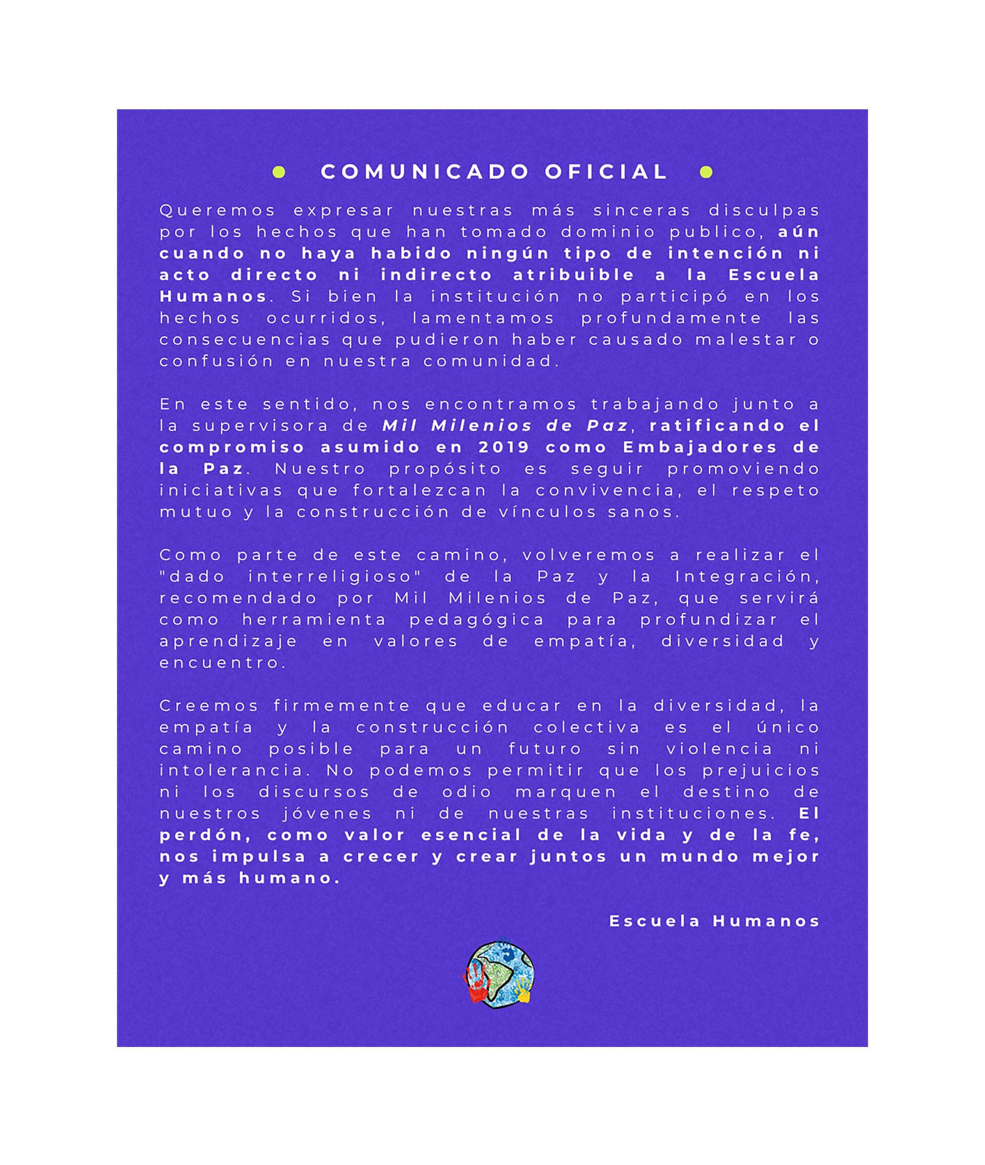 El reciente comunicado de la Escuela Humanos acerca de los pasos a seguir por la institución (@humanos escuela)