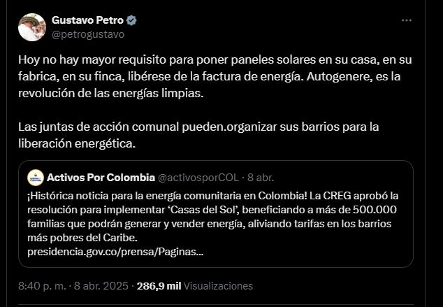 En su cuenta de X, el presidente Gustavo Petro destacó la importancia de los páneles solares en los hogares colombianos - crédito @petrogustavo/X