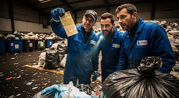 Tres hombres con overoles azules miran un billete de lotería que uno de ellos sostiene, rodeados de bolsas de basura y contenedores en un almacén.