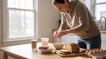 Una mujer casca un huevo en un tazón junto a pan integral, frutas, yogurt y un batido en una mesa de madera.