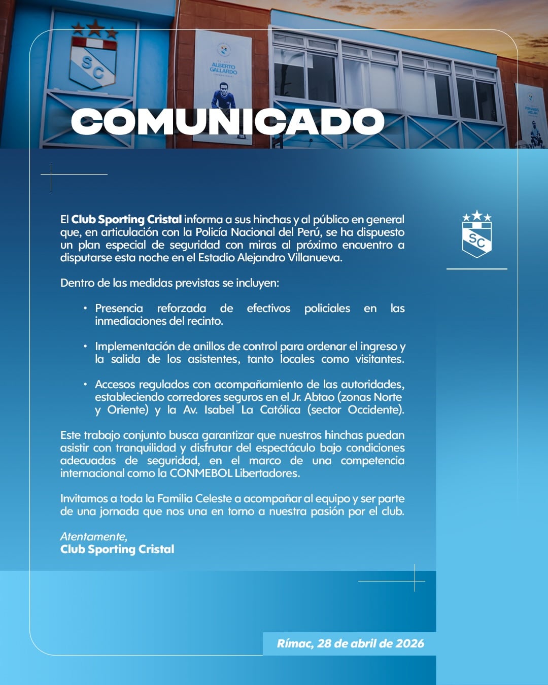 A declaração do Sporting Cristal sobre as medidas de segurança para os torcedores no estádio Alejandro Villanueva. - crédito: Sporting Cristal