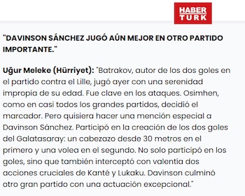 La opinión de Ugur Meleke sobre Davinson Sanchez en el partido entre Galatarasay ante Fenerbahce - crédito HaberTurk