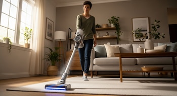 Una persona de cabello oscuro vestida con suéter verde y jeans limpia una alfombra beige en una sala luminosa con una aspiradora inalámbrica blanca.