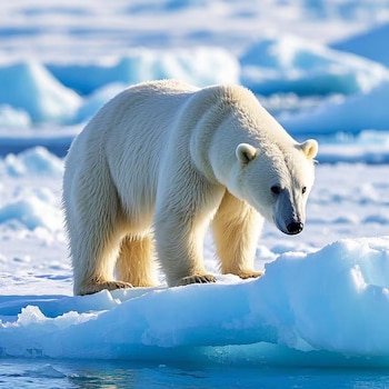 Un oso polar blanco se encuentra de pie sobre una formación de hielo blanco rodeada de agua azul